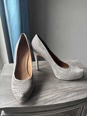 BCBG Light Taupe Perforated Suede Stiletto Pumps